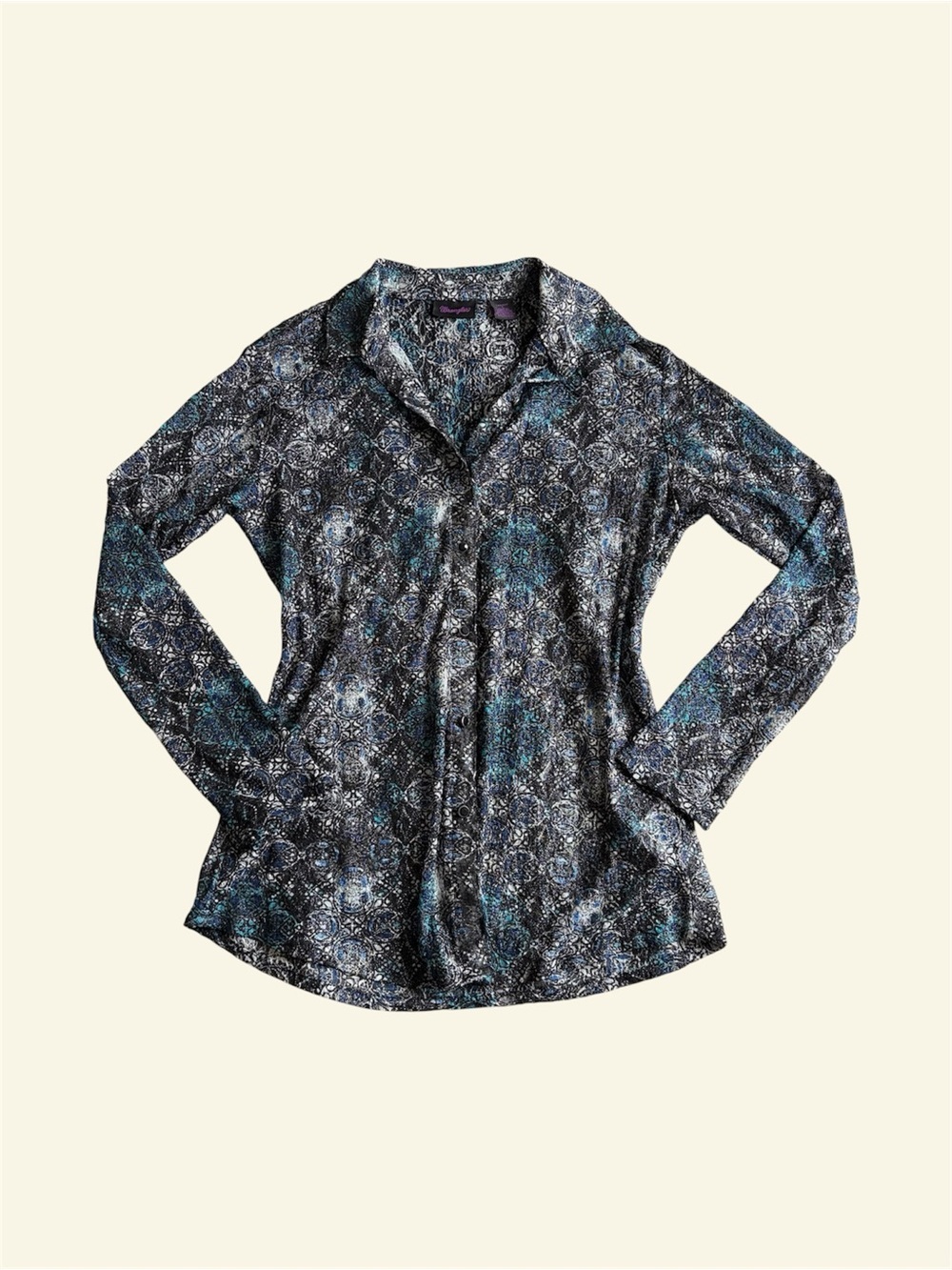 Wrangler George Strait for Her Blue Medallion Sheer Metallic Button Down Shirt L